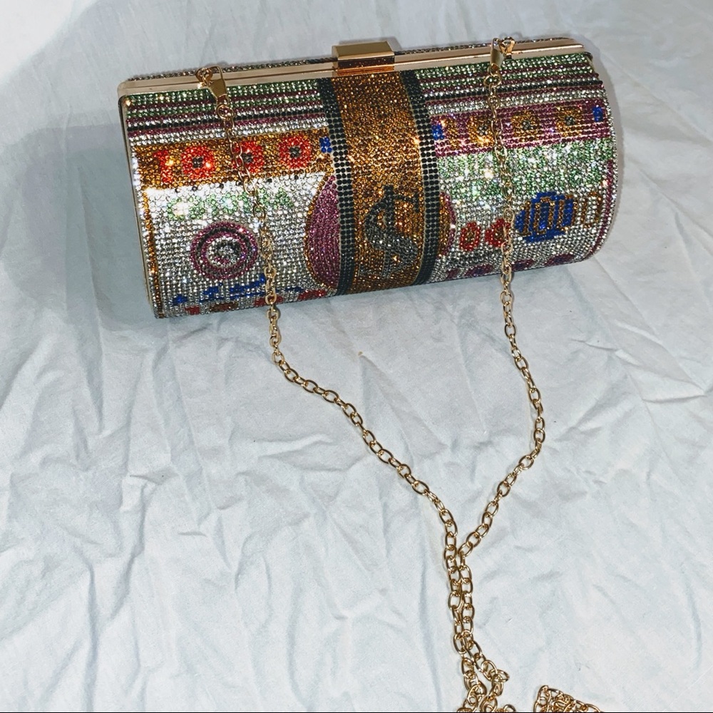 $100 USA DOLLAR BILL $10K 💵MONEY ROLL RHINESTONE 💎BLING 💎CROSSBODY BAG NEW